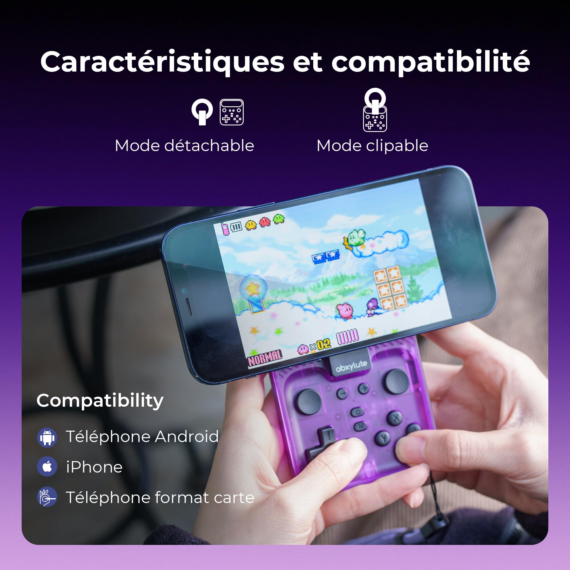 abxylute Manette de jeu mobile M4 Snap-On pour Android et iPhone, légère et portable, manette de poche rétro avec support, double joystick turbo et aimant (violet)