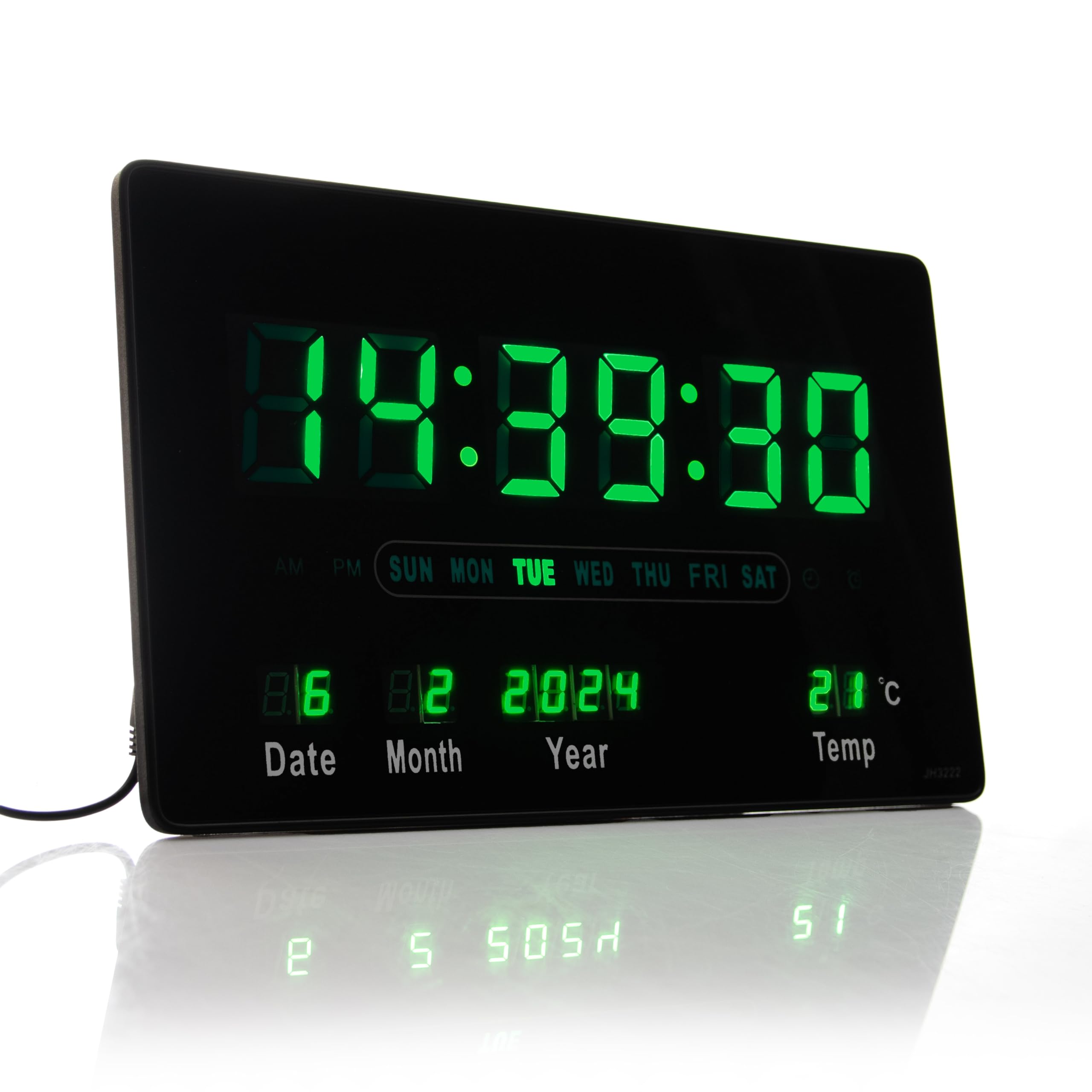 Wanduhr Digital Groß LED Uhr mit Kalender Digitaluhr mit Temperaturanzeige und Wecker Studiouhr für Gewerbe Cafés Kiosk Hallenuhr L (Grün)