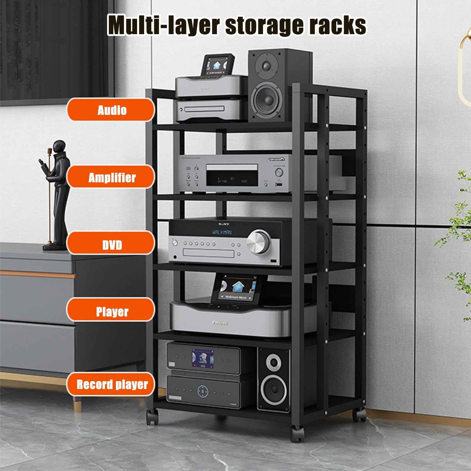 Meuble multimédia, Rack Audio à 2/3/4 Niveaux, Support multimédia et Meuble pour Composants, adapté au Salon et au Studio d'enregistrement (19,7 x 15,7 x 23 Pouces).