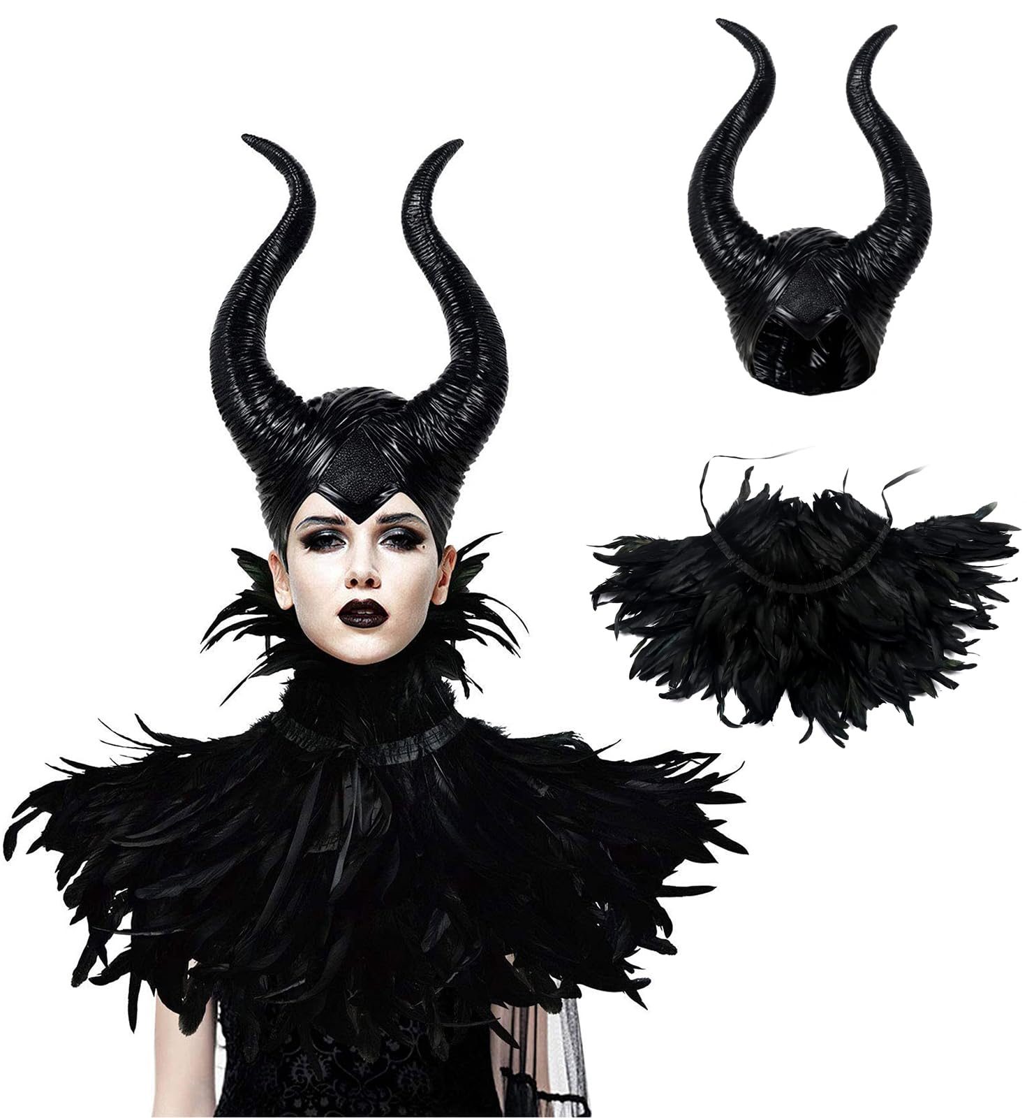 Black Gothic Witch Costume Raven Costume Halloween Feather Shawl Mesh Cape with Horns Set