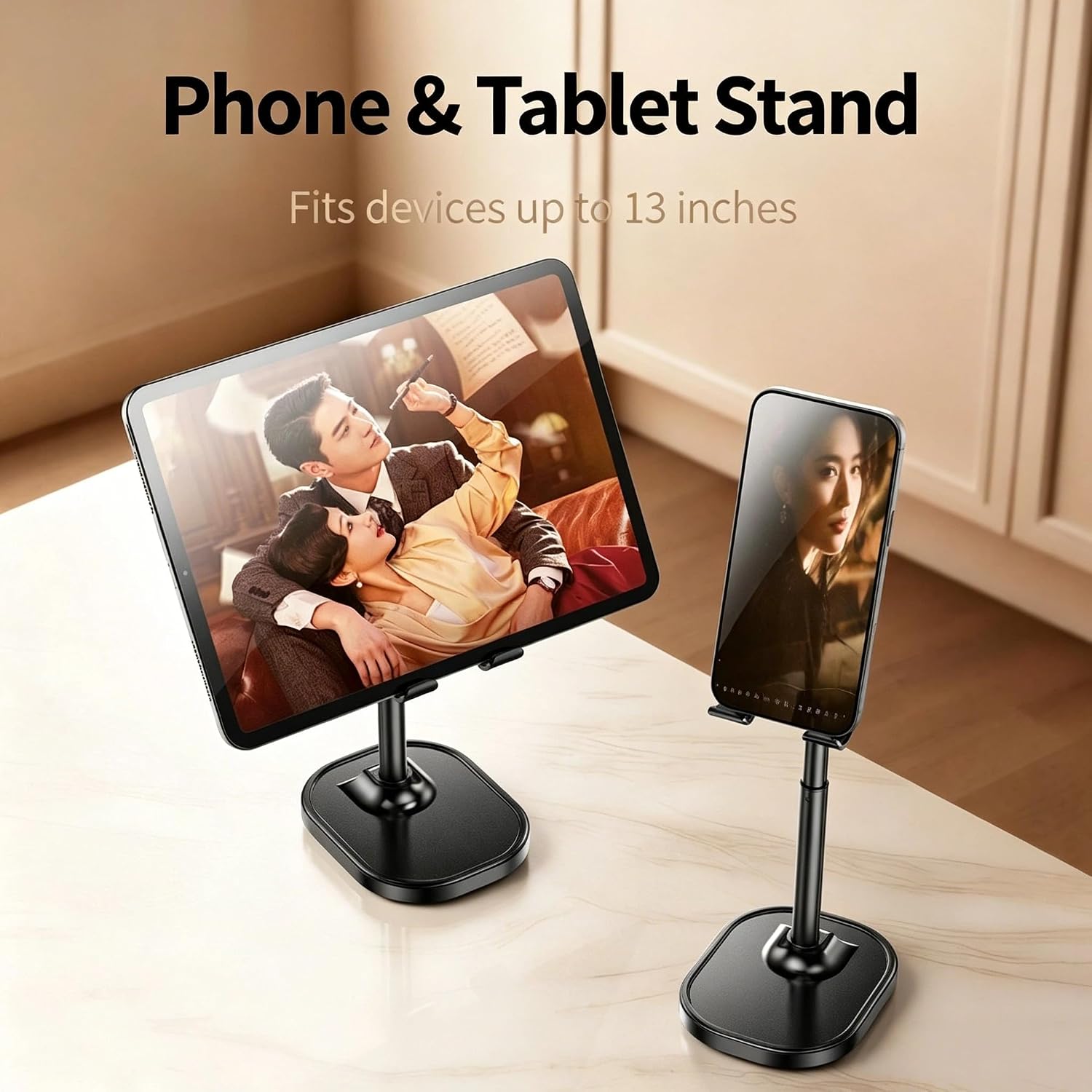 Chapter Seven Cell Phone Stand for Desk,Adjustable Height Phone Stand for Desk,Aluminum Alloy Support Rod,Compatible with iPhone 17 16 15 14 13 Pro Max,4-10" Cellphone and Tablets (Black)