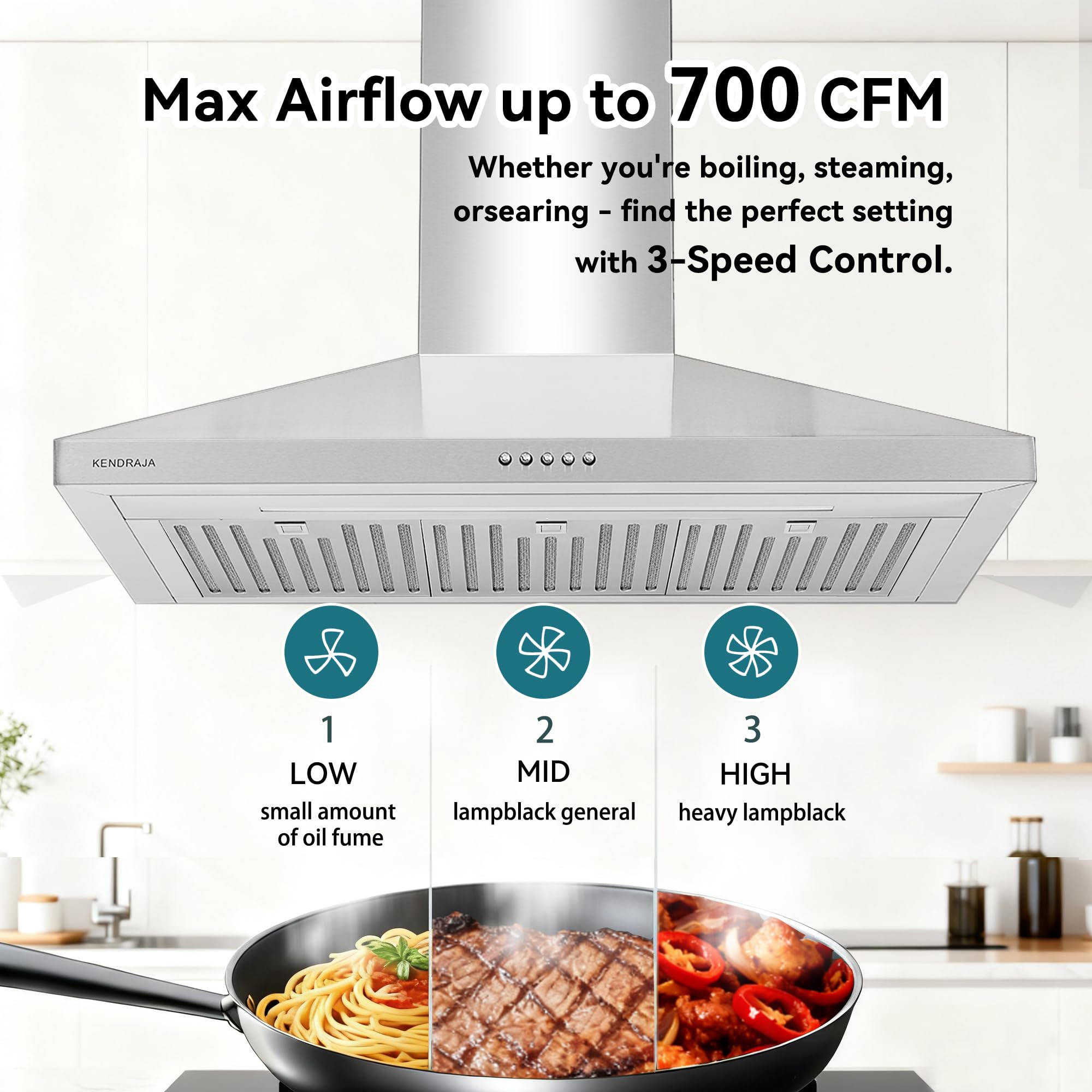 36 Inch Wall Mount Range Hood| 700 CFM Stainless Steel Kitchen Vent Hood| Ducted/Ductless Convertible| 3-Speed Push Button Control| Dishwasher-Safe Filters| LED Strip Light - 3