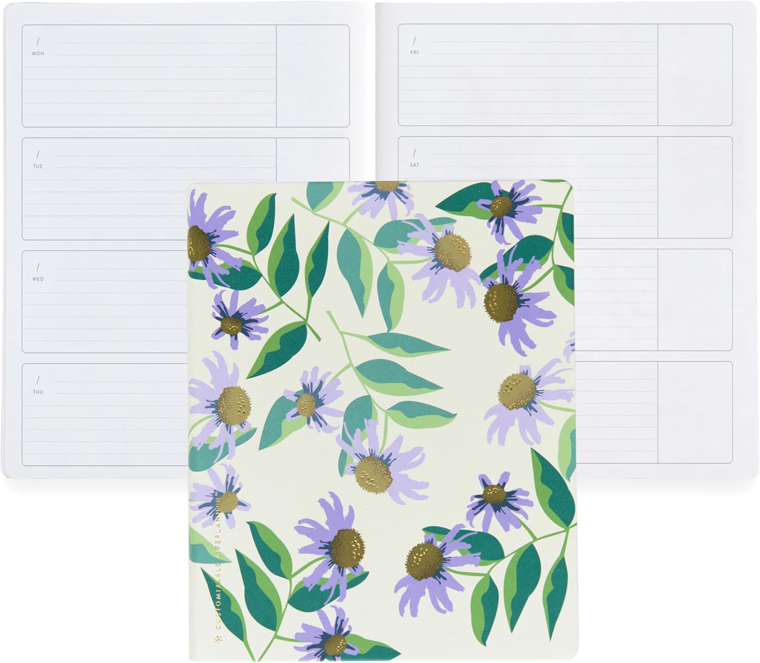 Erin Condren Undated Softbound Life Planner, 8” x 10” 12-Month Weekly & Monthly Planner Journal, Horizontal Layout, Soft Cover, Layflat Binding, Daisy Blooms Cover Design, Neutral Interior Design