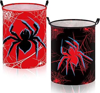 2 Pcs Spider Laundry Hamper Basket Spider Room Decor | Large Toy Clothes Storage Organizer Basket 17.3 x 13.8 Inch Round Collapsible Waterproof Layer Closet Playroom Nursery