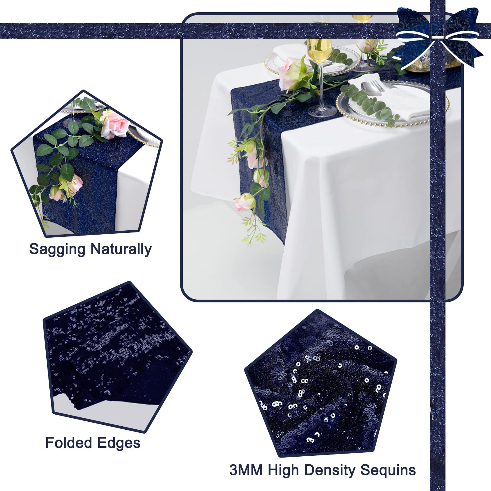 Runner da tavola con paillettes, blu navy, 30,5 x 183,5 cm, confezione da 6 | Glitter scintillanti ad alta densità, per matrimoni, feste di laurea, baby shower, decorazioni scintillanti blu navy