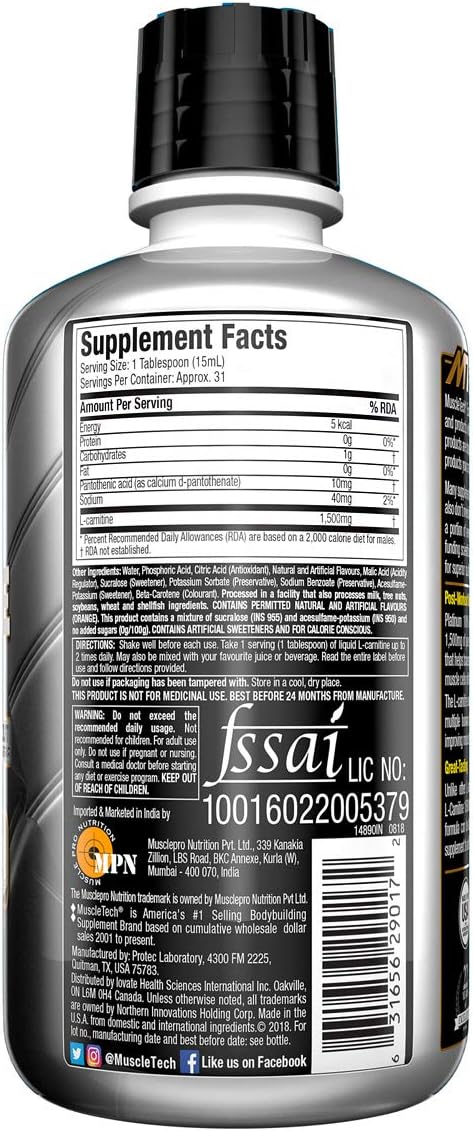 L Carnitine Liquid | MuscleTech L-Carnitine Supplement | 1500 mg of Acetyl L-Carnitine | Post Workout Muscle Recovery | Amino Acids Supplement | Citrus Splash, 16 fl. oz : Health & Household