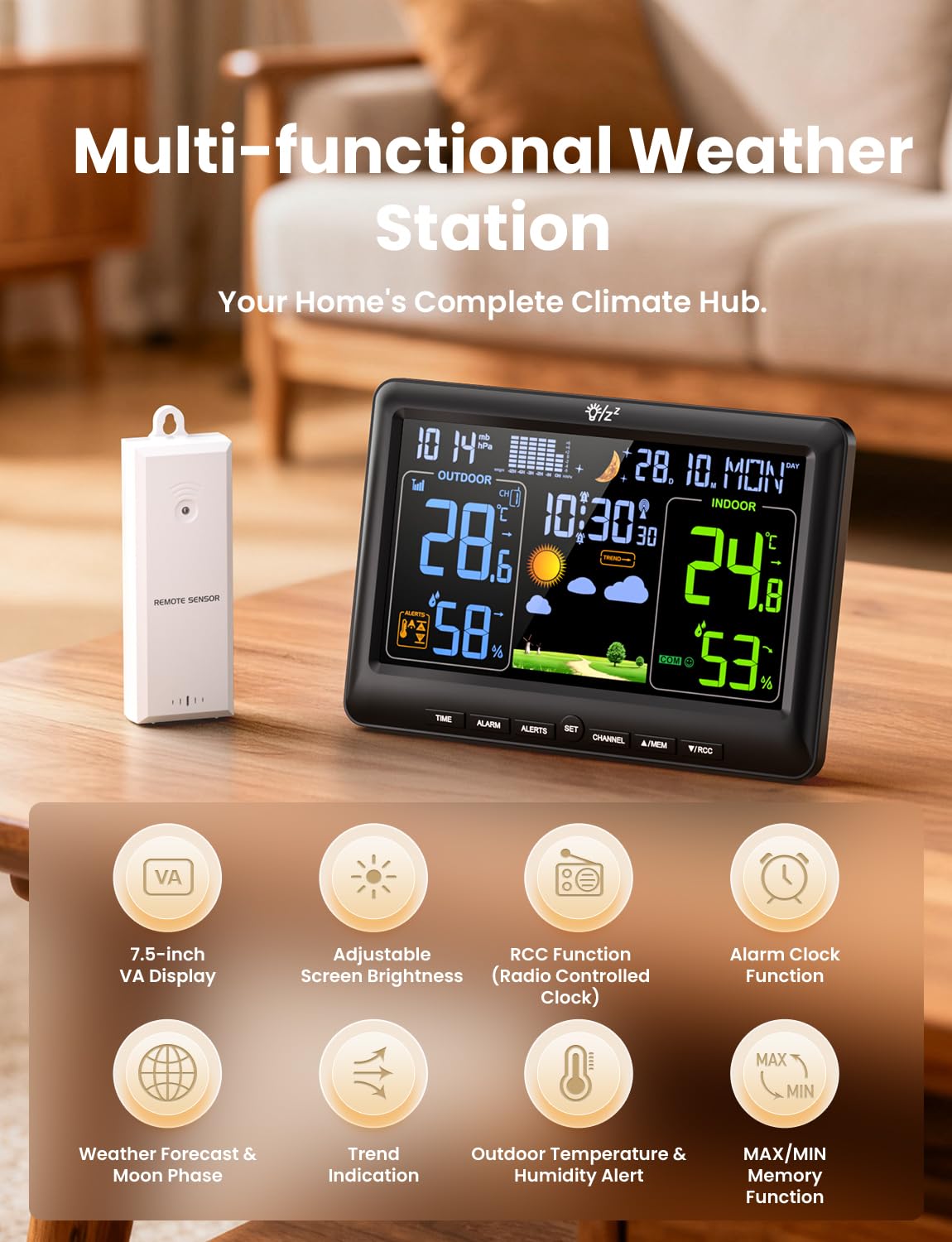LIORQUE Weather Stations with Outdoor Sensor Wireless for Home, Indoor Outdoor Thermometer Hygrometer, Humidity, Barometric Pressure, Date, Weather Forecast — view 2