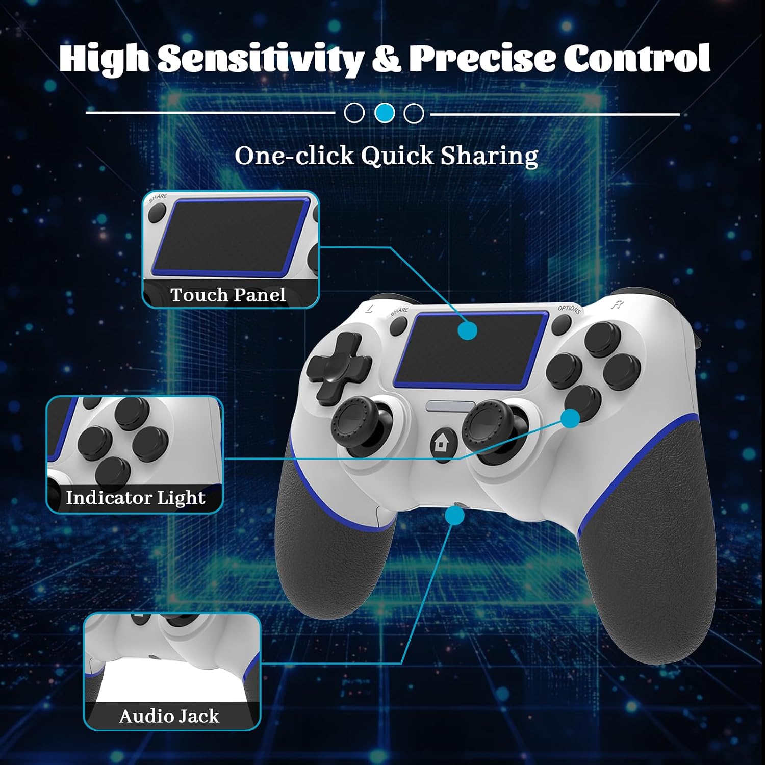 LZXWAWA Wireless Controller for Ps4 Controller Ps4/Slim/Pro/Windows PC | Touchpad/Vibration/Turbo/Built-in Speaker&3.5mm Headphone Jack/Six-axis Motion Control/USB-C Charging Cable，White Blue