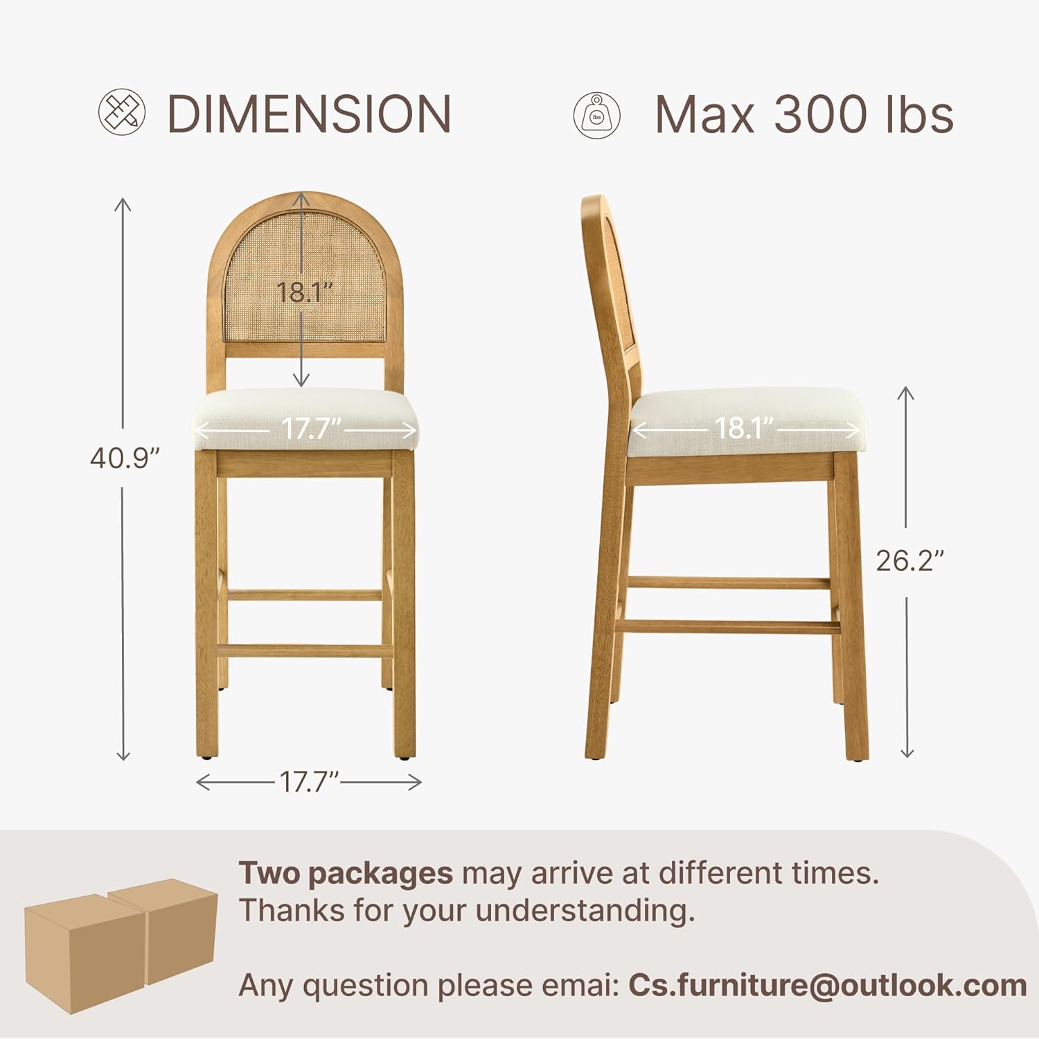 Rattan Counter Height Bar Stools Set of 4, Upholstered Farmhouse Barstools with Natural Rattan Back, Wooden Legs for Kitchen Island, Walnut/Linen,2 Box