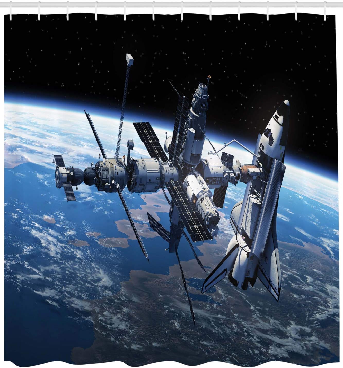 Ambesonne Outer Space Shower Curtain, Space Shuttle and Station View Cosmonaut Adventure on Myst Globe Orbit Off, Cloth Fabric Bathroom Decor Set with Hooks, 69" W x 70" L, Blue Grey Black