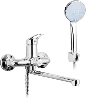 Badewannenarmatur mit Duschkopf, Schlauch und Halterung | Wasserhahn Bad Klassisch-elegantes Design | Mischbatterie mit Chromüberzug | Langem Wasserhahn - 30cm | Einhand- Armatur Badewanne