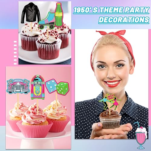 Miniatura 5 de 45 piezas de decoración de cupcakes de los años 50, decoración de fiesta de música rock and roll, decoración de pasteles para fiesta temática retro