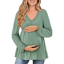 FMEYOA Womens Maternity Tops Long Sleeve V Neck Fall Loose Blouse Ruched Babydoll Pregnancy Shirts S-2XL