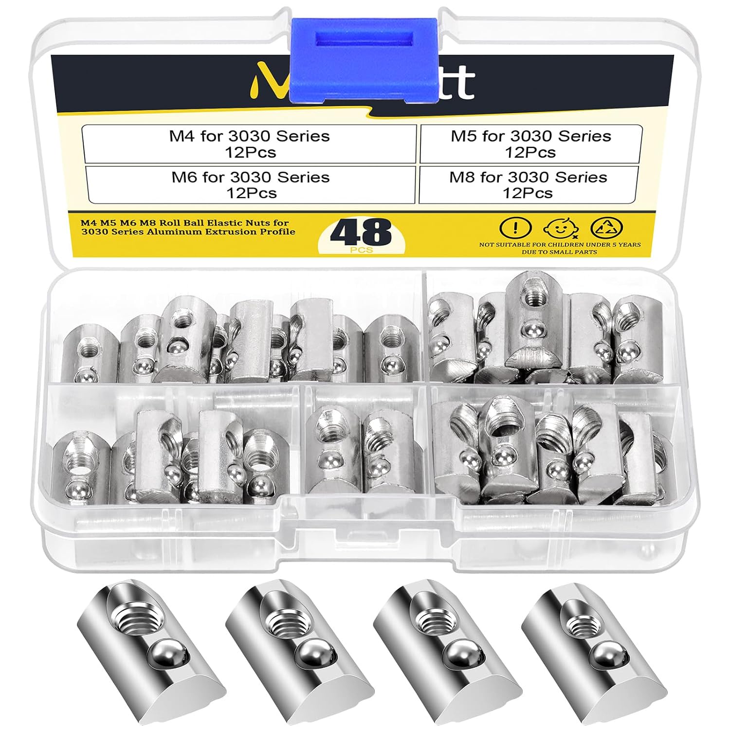 48Pcs 3030 Series M4 M5 M6 M8 Roll in Spring T Nuts, Roll in T Nuts with Ball Spring, Carbon Steel Half Round T Slot Nut Ball Loaded Elastic T Nut for 3030 Series Aluminum Extrusion Profile