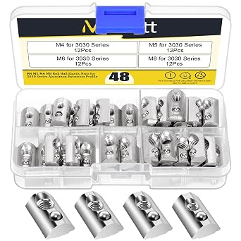 48Pcs 3030 Series M4 M5 M6 M8 Roll in Spring T Nuts, Roll in T Nuts with Ball Spring, Carbon Steel Half Round T Slot Nut Ball Loaded Elastic T Nut for 3030 Series Aluminum Extrusion Profile