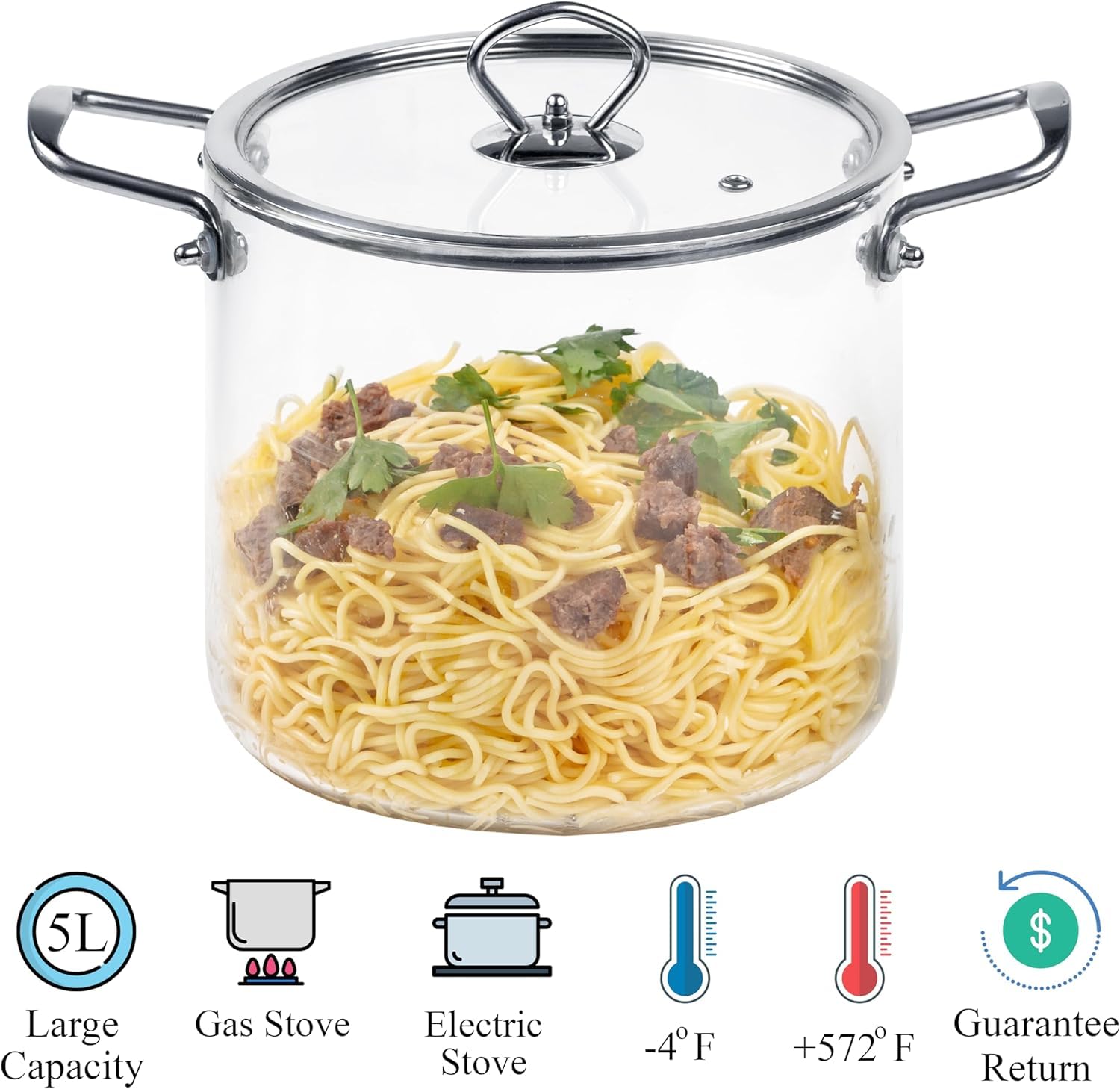 4. 5L/158oz olla de vidrio con tapa resistente al calor olla a fuego lento olla de sopa olla de vidrio olla y sartén Stockpots vidrio utensilios de cocina para pasta, fideos, sopa cereales, frutas,