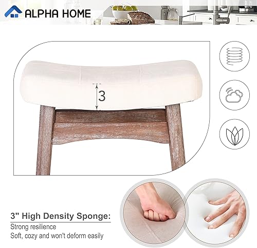 Miniatura 3 de ALPHA HOME Juego de 3 taburetes de bar, taburetes de cocina de madera maciza con cojín de tela de lino beige, taburetes de bar de altura de