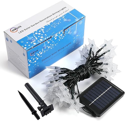 Miniatura 6 de SEMILITS Tira de luces solares para exteriores, 50 LED, con forma de estrella de cristal en 3D, para decoraciones de jardín (azul blanco y rojo)