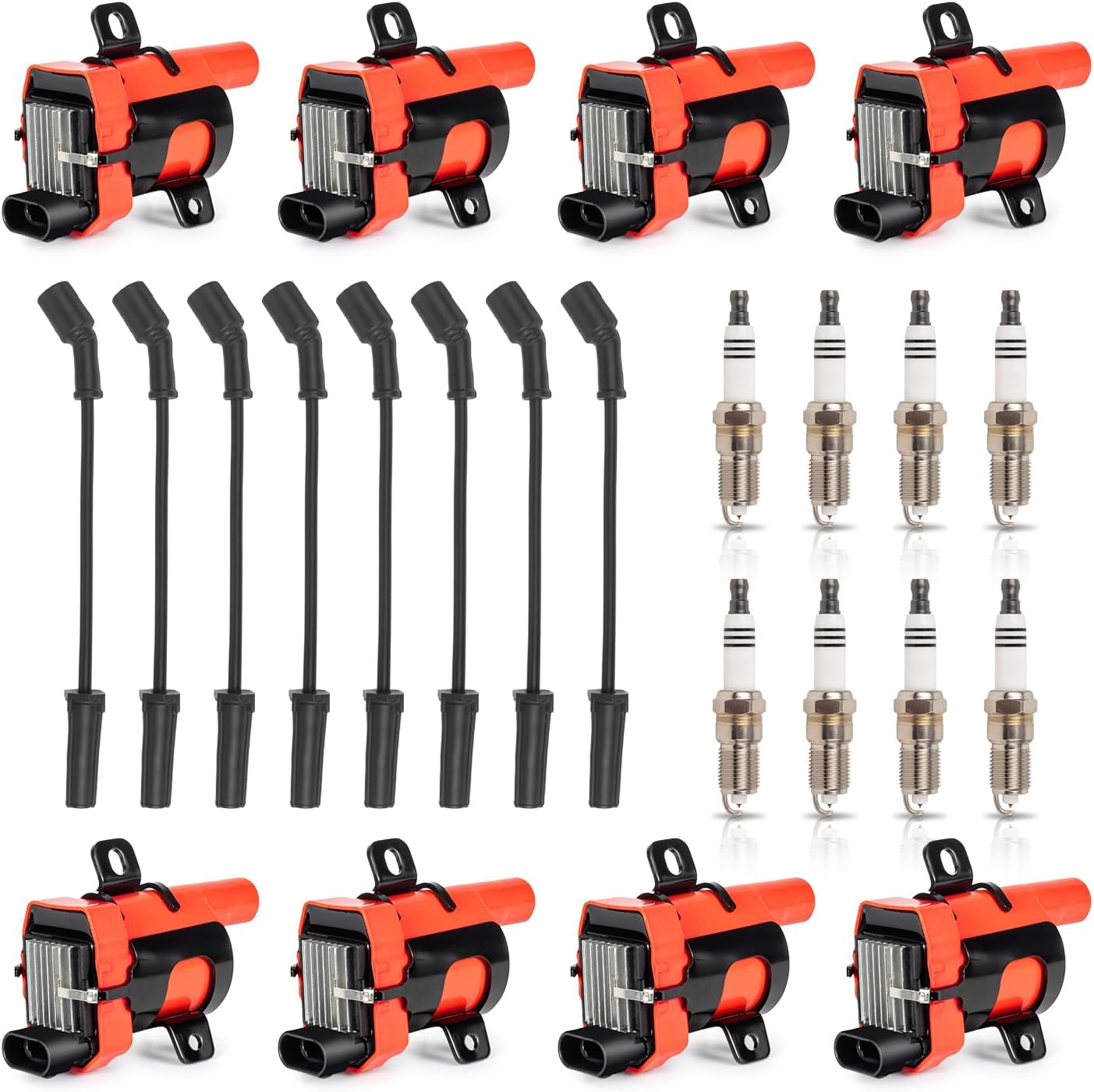 ENA Set of 8 Red Round Ignition Coil Pack with 8 Spark Plug and Wires Set Compatible with Chevrolet Chevy Buick Cadillac Tahoe Express SSR Silverado Suburban H2 Rainier Escalade Replace# UF262 9748HH