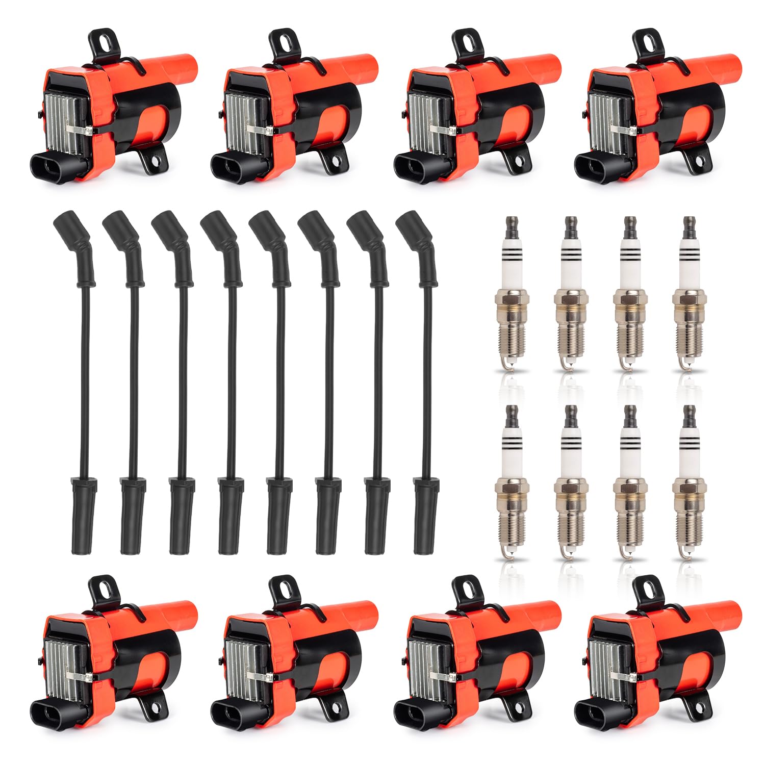 ENA Set of 8 Red Round Ignition Coil Pack with 8 Spark Plug and Wires Set Compatible with Chevrolet Chevy Buick Cadillac Tahoe Express SSR Silverado Suburban H2 Rainier Escalade Replace# UF262 9748HH