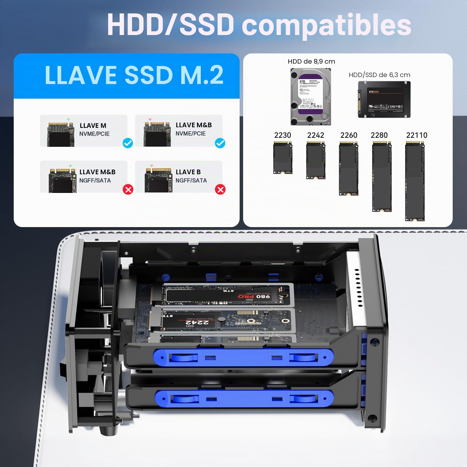 Carcasa NVMe Híbrida 3.5 HDD+3*M.2 con Ventilador para 2.5/3.5" SATA HDD/SSD, Carcasa Disco Duro USB3.2 Gen2 10Gbps Soporta 2230/42/60/80/110 SSD con 46TB de Capacidad(22TB HDD+3*8TB M.2 SSD)