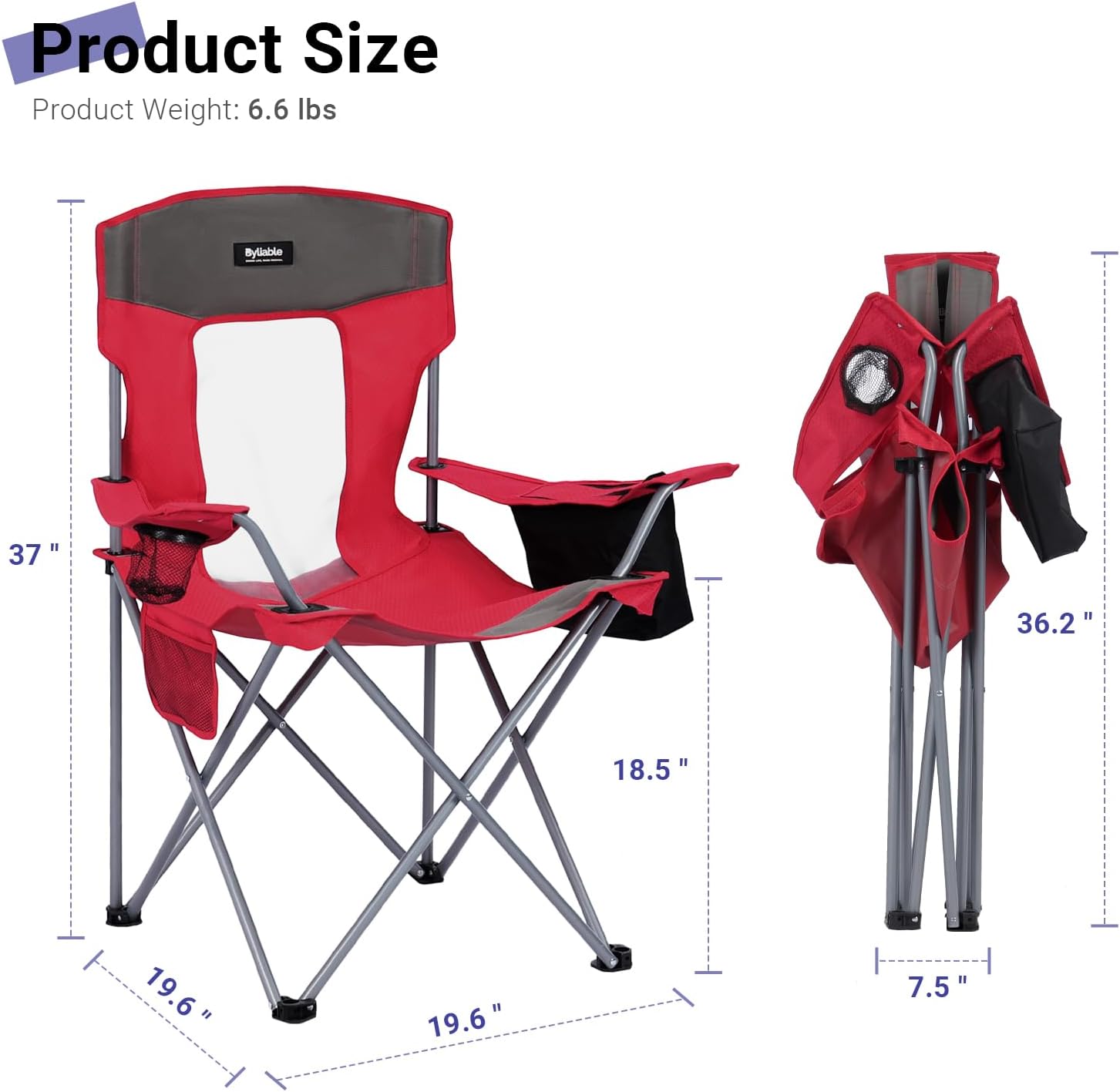 Camping Folding Chair Outdoor Lawn Portable Lightweight Camp Folding Chairs for Adult Outside with Cup Holder, Cooler Pouch & Side Pocket for Camping, Beach, Fishing, Sports or Tailgating Events, Red