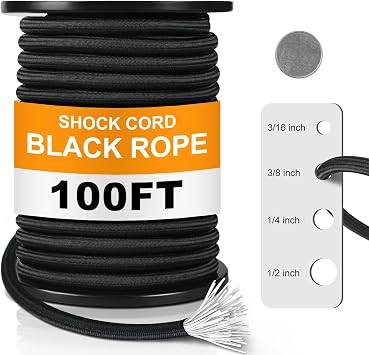3/8 Inch 100 ft Bungee Shock Cord Rope Heavy Duty Kayak Bungee Elastic Stretch Shock Cord Black Polyester Stretch Rope for DIY Projects Kayak Strap Tie Downs Camping Tent Crafting