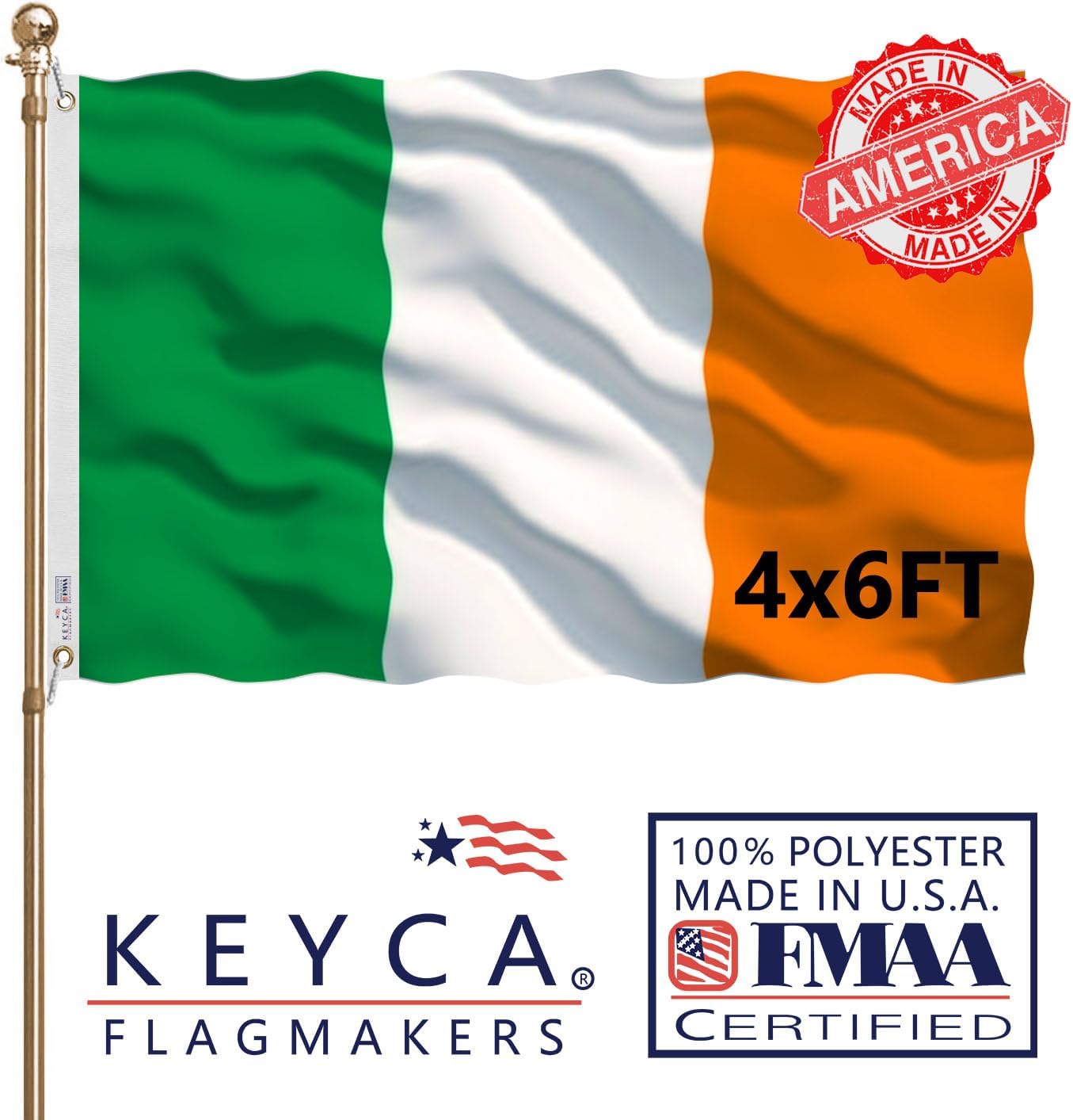 Ireland Flag 4x6 FT 100% Made in The USA-Heavy Duty Vibrant Colors Double Sided Irish National Flag with 2 Brass Grommets for Home/Company/Indoor Outdoor Decoration