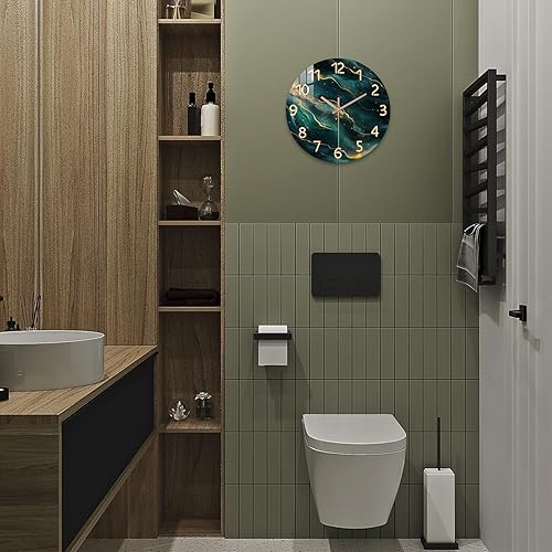 Miniatura 2 de Reloj de pared verde azulado para sala de estar de 12 pulgadas, reloj de pared de mármol a pilas, cuarzo redondo, dorado, silencioso, sin tictac,