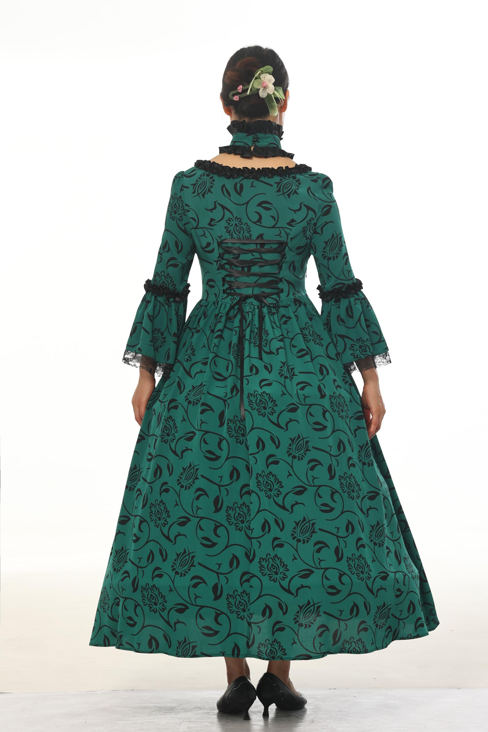 CAMDOM Vestido de Fiesta Victoriano Mujer Retro Medieval Palacio Largo Cuello Cuadrado Satén Elegante Mangas Acampanadas Disfraz Vintage Cosplay