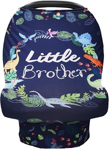 SWESEN Baby Car Seat Cover for Boys, Little Brother Car Seat Canopy, Multiuse Nursing Covers, Dinosaur Theme Infant Carrier Cover Summer, Breastfeeding Scarf Newborn, Ultra-Soft Breathable