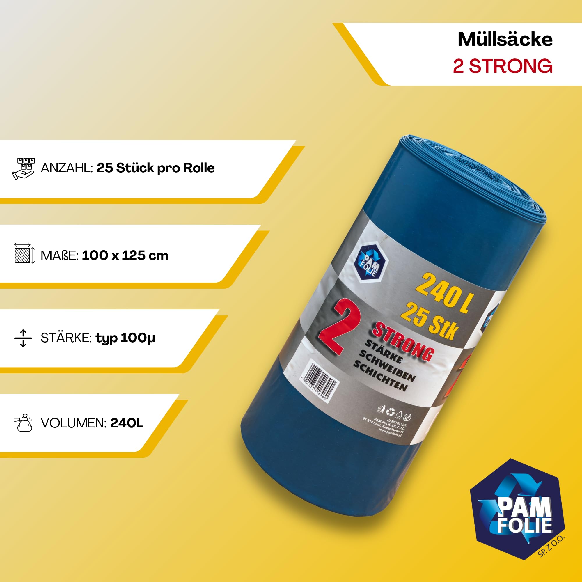 Extra Starke Müllsäcke 240L - 25 Stück - Große, Dicke Abfallsäcke - 100x125cm - Doppelschicht - schwarzer, blauer Müllbeutel - Bauschuttsäcke - Bauschuttsäcke, universal