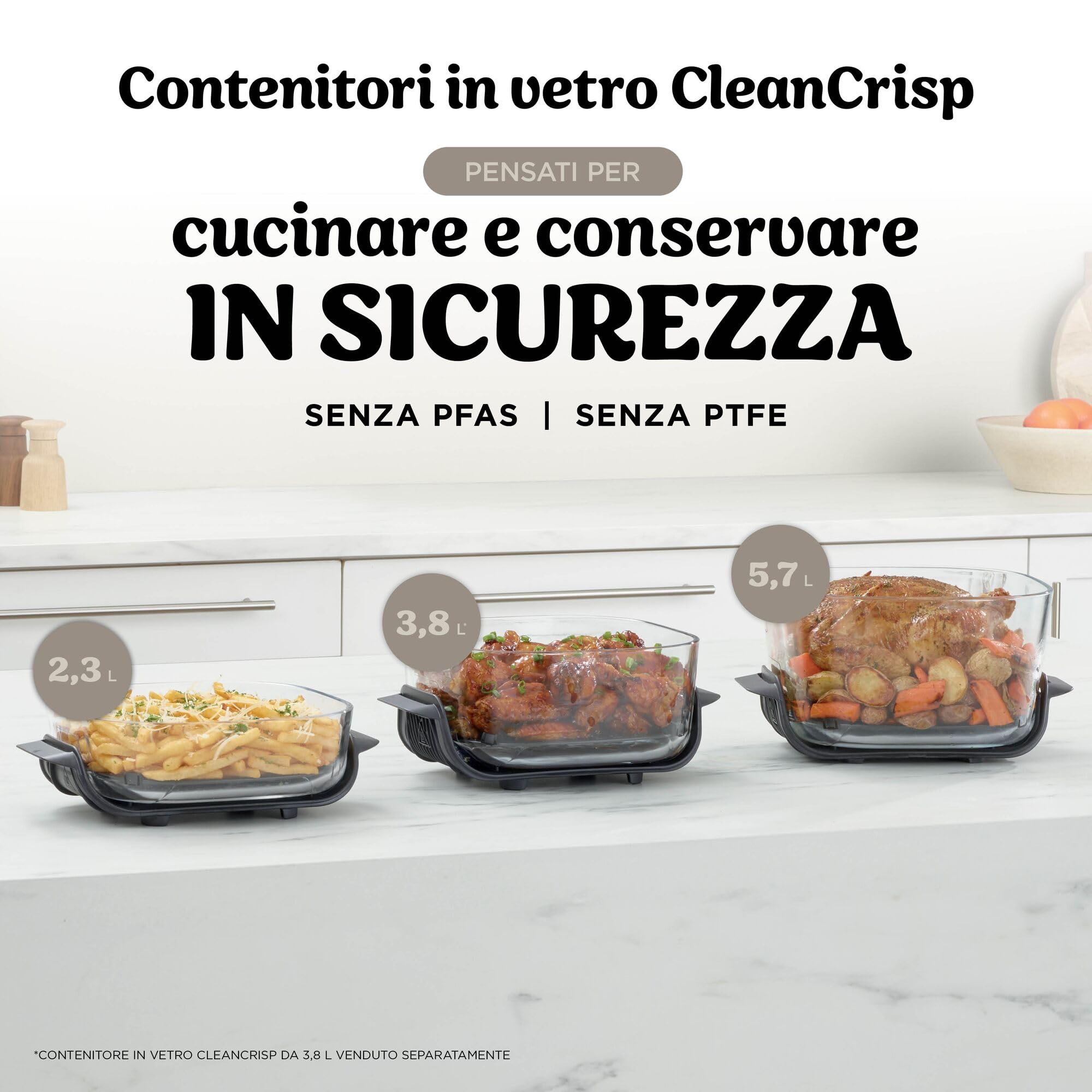 Ninja CRISPi PRO XL Friggitrice ad aria in vetro, 5 programmi di cottura preimpostati, include contenitori in vetro CleanCrisp da 5,7 L e 2,3 L e coperchi, oro chiaro AS090EUSD