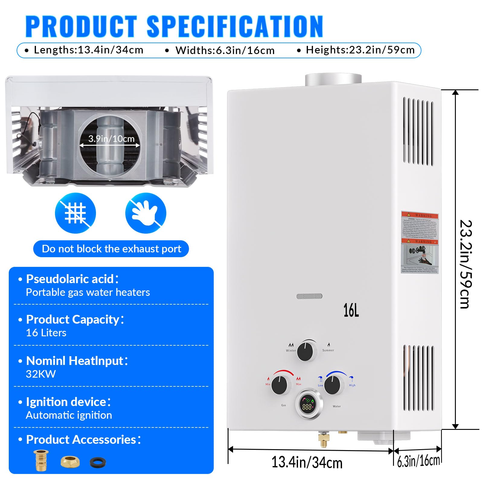 Calentador de Agua a Gas, 16L Calentador de Agua LPG Instantáneo, Calentador de Agua Sin Tanque Con Pantalla LED, Para Duchas al Aire Libre [Clase de eficiencia energética A]