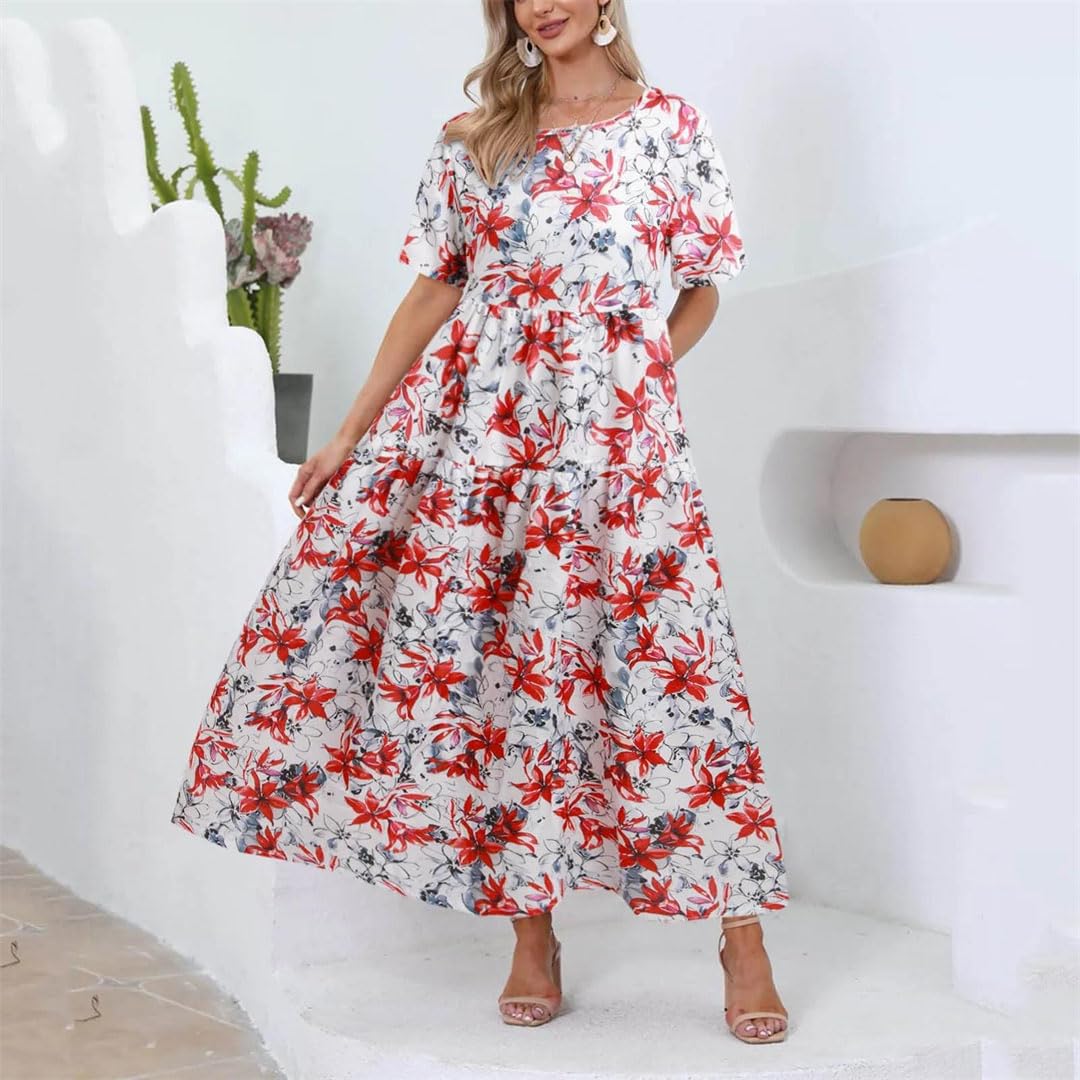 Sukienki damskie, luźna sukienka w kwiaty, boho, z kieszeniami, z krótkim rękawem, długa sukienka