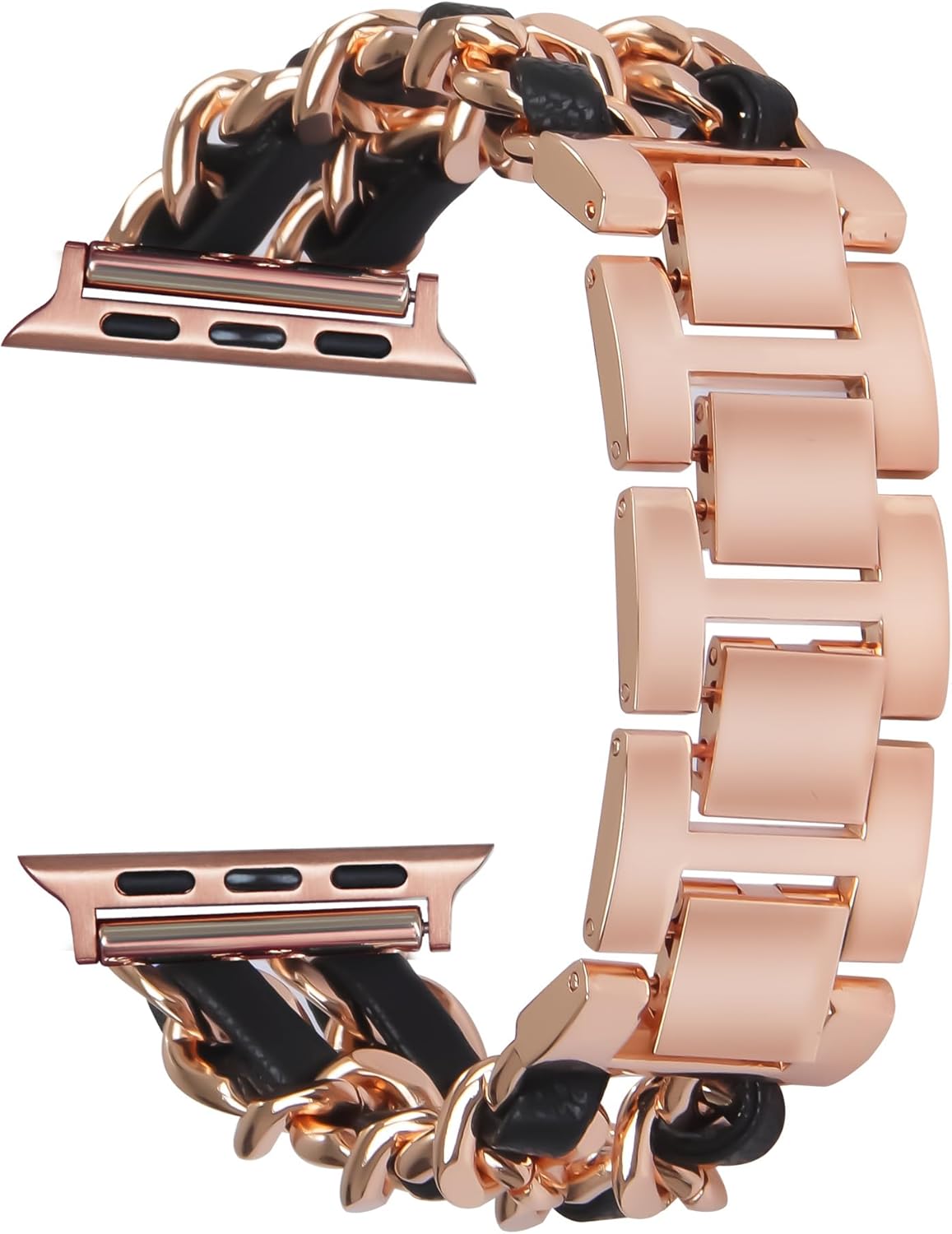 Compatible With Apple Watch Band for Woman 42mm 44mm 45mm 49mm,Metal Strap Leather Over Gold Chain Cowboy Style Replacement iWatch Series 9 8 7 6 5 4 3 2 1 SE(Rose Gold Link with Black Leather) - Image 8