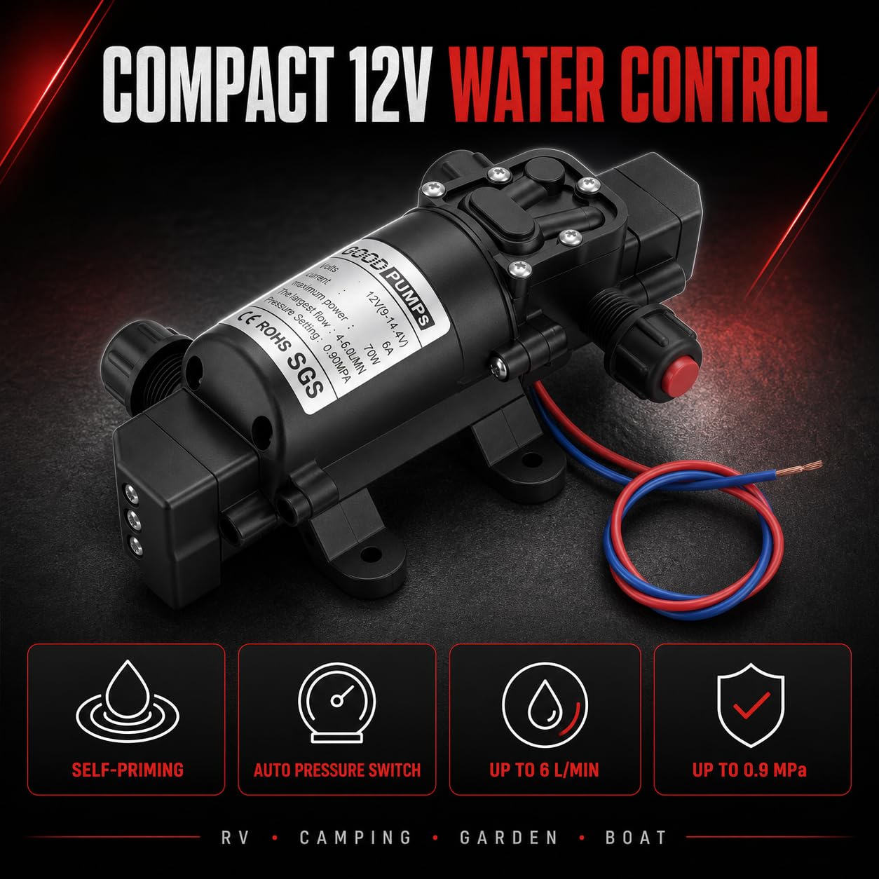 Pompa samozasysająca 12 V - Pompy wodne DC 0,9 Mpa 6 l/min wysokociśnieniowa samozasysająca pompa membranowa, ogrodnictwo rolnictwo nawadnianie wąż 70 W