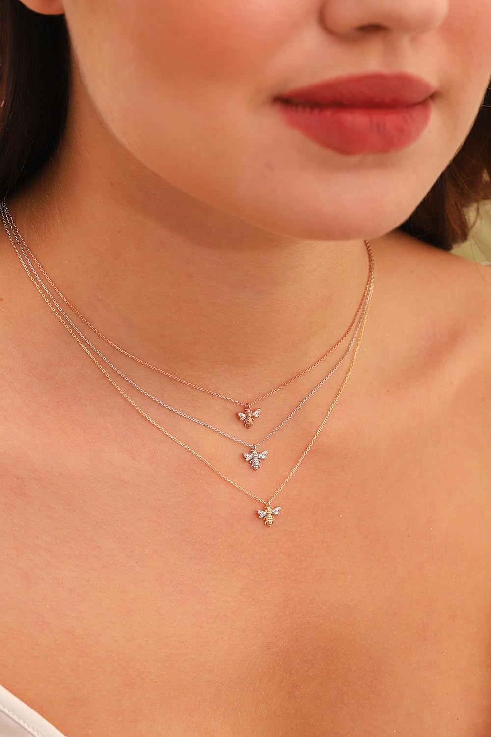 14K Solid Gold Bee Necklace, Dainty initial Bee Pendant, Minimalist Gold Animal Necklace