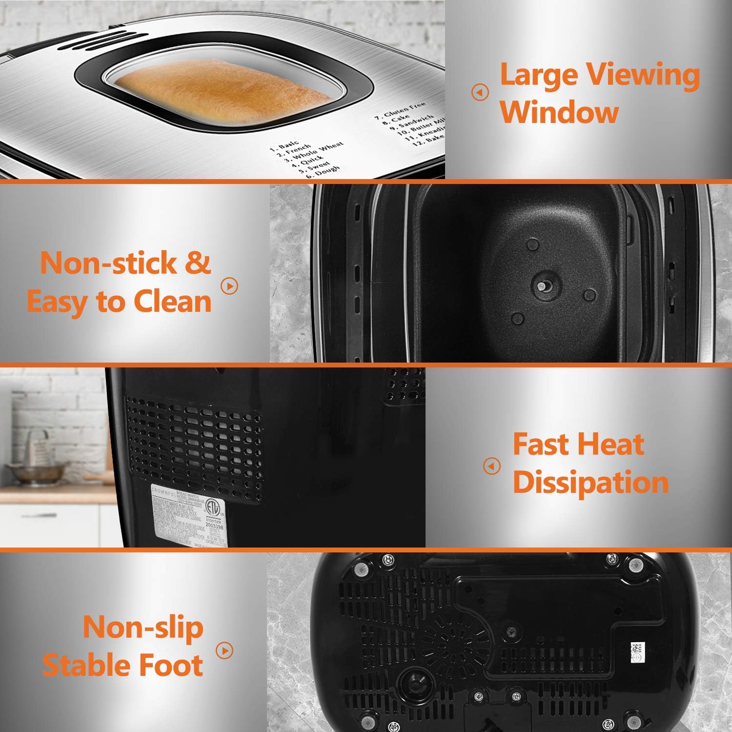 Nærbillede views of CROWNFUL Bread Machine features: Large Viewing Window, Non-stick & Easy to Clean pan, Fast Heat Dissipation vents, and Non-slip Stable Foot.