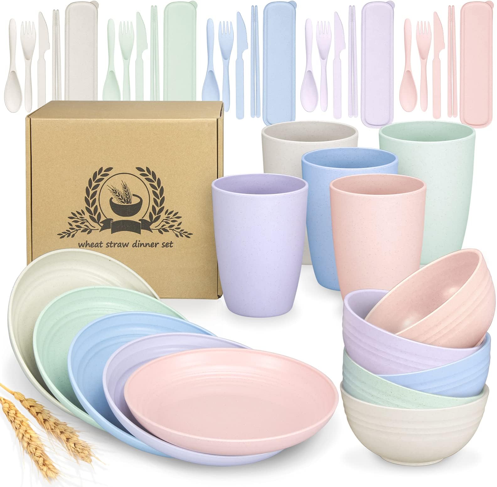 Wheat Straw Dinnerware Sets, Service for 5 People (40 Piece), Unbreakable Cereal Lightweight Dinnerware, Dinnerware for Kids, Dinner Dessert Plate, Cereal Bowls, Cups, Outdoor Camping Dishes (5-Color)