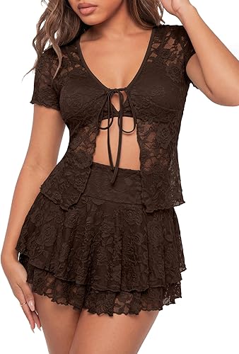 Vrtige Women's Sexy Floral Lace 2 Piece Outfits Tie Front Open Front Crop Top an