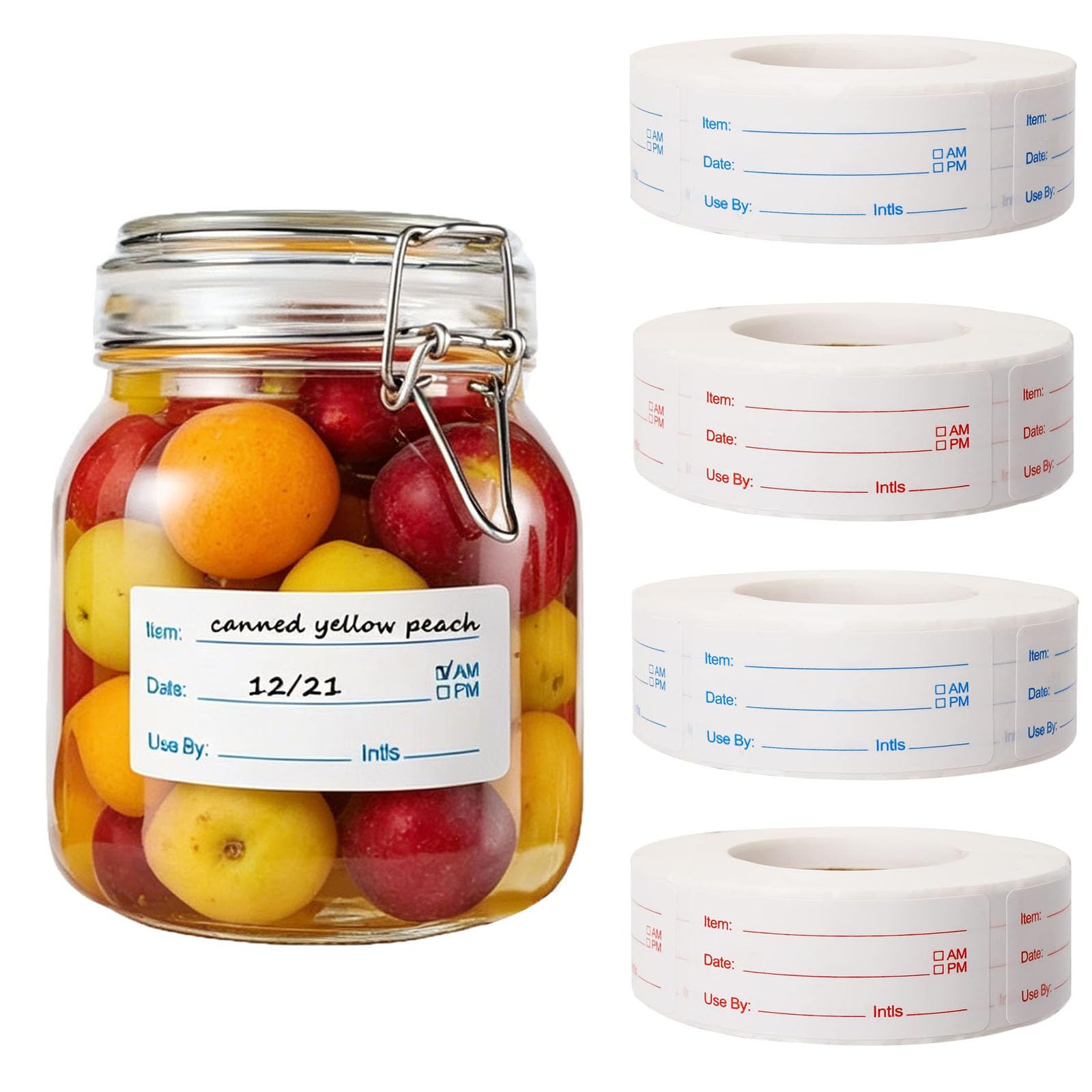 Removable Food Stickers 4 Rolls 2000 Pieces, Food Freezer Labels with Red and Blue, Waterproof Prep Canning Labels for Storage and Marking Production Date, Kitchen Organization Supplies
