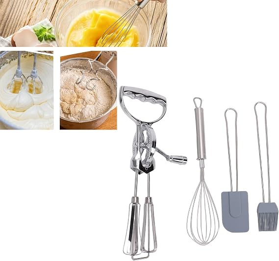 Rotary Egg Beater Set - High Efficiency Manual Egg Whisk with Silicone Spatula & Brush, Ergonomic Hand Mixer for Baking, Cooking, Whipping Cream, Mayonnaise