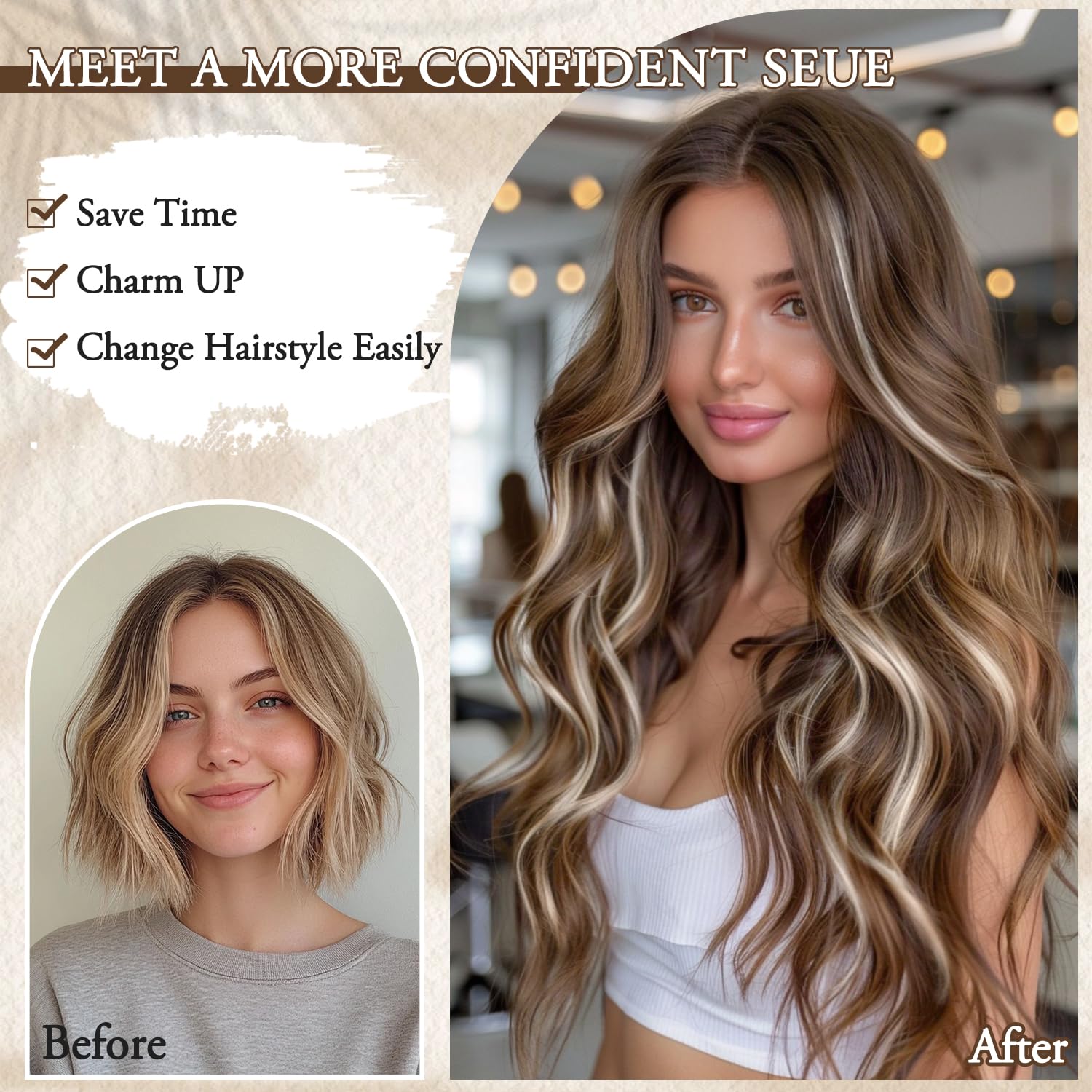 Clip In Hair Extensions 20 Inch with U-Shape Lace & 5 Clips,Long Wave Curly Heat Resistant Full Shine Synthetic Hairpieces for Women(Brown with Highlights)