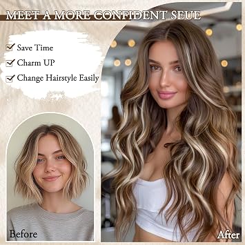 Clip Extensions with U-Lace Heat Resistant Brown Highlighted Hair