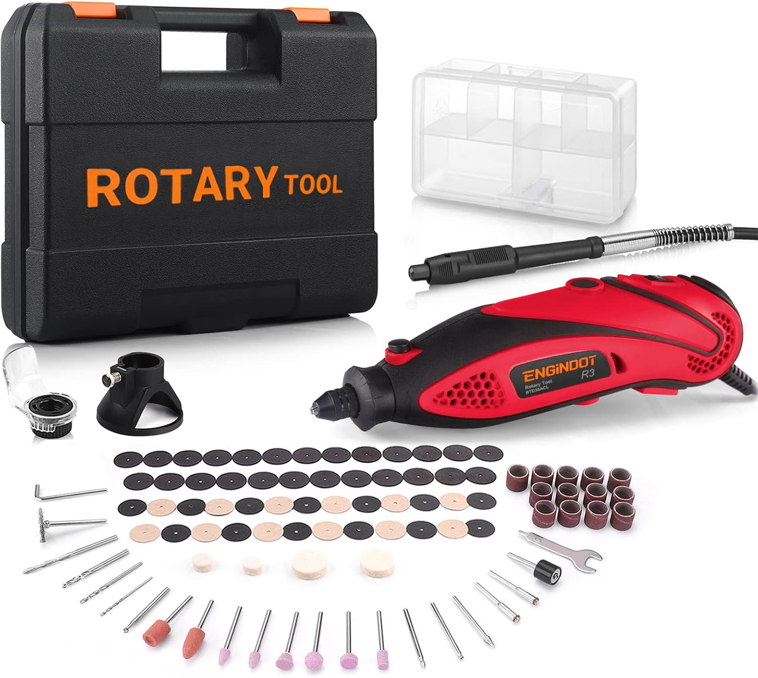 ENGINDOT Rotary Tool Kit with Keyless Chuck Flex Shaft, 6 Variable Speed 10000 - 32000 RPM Carrying Case for Cutting, Engraving, Drilling, Sanding, Polishing, DIY Crafts - Red