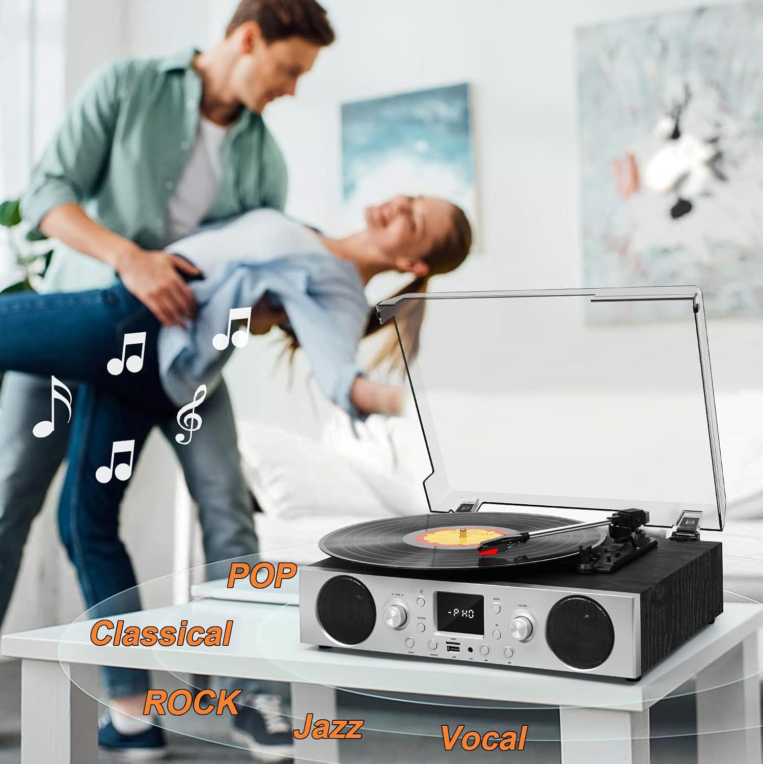 Vinyl Record Player Bluetooth Turntable with USB Digital FM Radio Vintage Turntable for Vinyl Records with Speakers 3 Speed RCA Line Out Black Wood