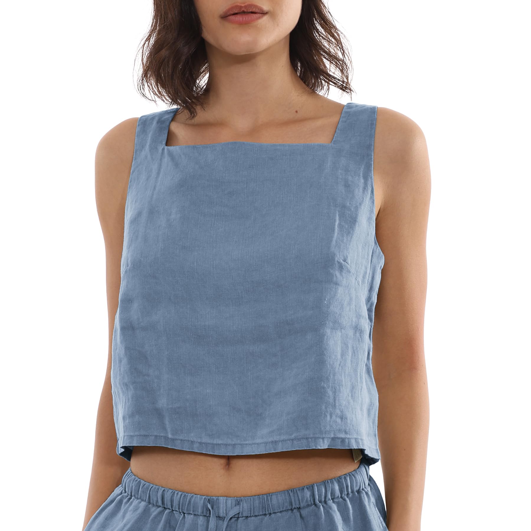 Amazhiyu Top da donna in 100% lino, casual, estivo, senza maniche, scollo quadrato, camicetta tinta a pianta per UK S-XL