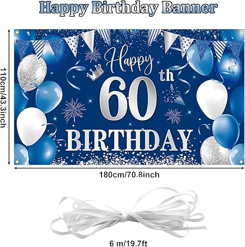Miniatura 2 de Fondo de pancarta de 60 cumpleaños, decoraciones de BTZO feliz cumpleaños 60, fondo de tela azul plateada para hombres y mujeres, fiesta de