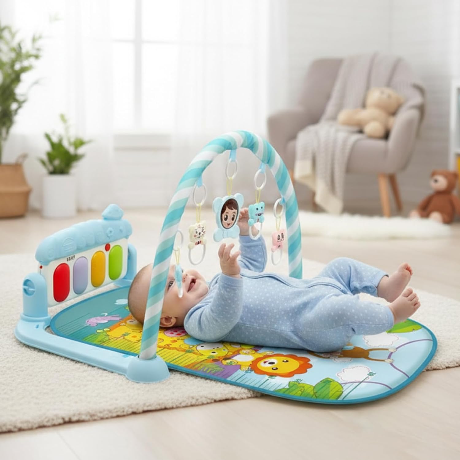 Baby Gym Play Mat with Music & Light, Safe & Easy Baby Activity Center with Rattle Pendant, Tummy Time Mat Toys for Newborns & Toddlers, Blue